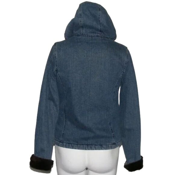Vintage LEE Hooded Denim Coat, YL, Blue, Brown Fuzzy lining, Zipper, Pockets - Picture 7 of 15